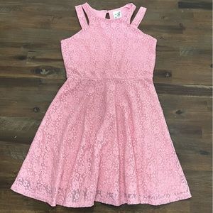 Lily Bleu light pink double strap lace overlay dress with keyhole back cutout